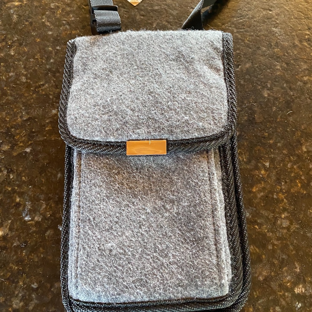 Grey wool like material cross body wallet purse with strap